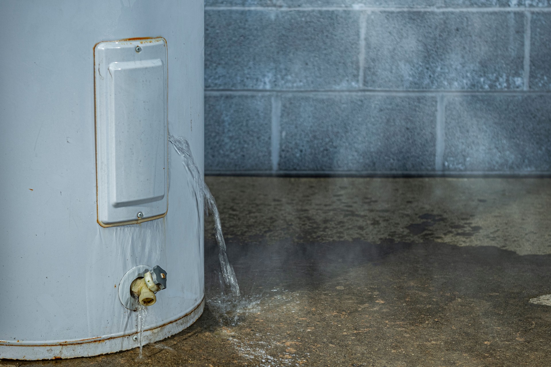 A close-up of a water heater leaking water on to the basement floor